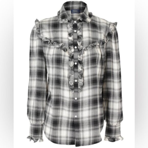 EUC Women's RALPH LAUREN Ruffle-Trimmed Plaid Shirt | Size M - Picture 5 of 11